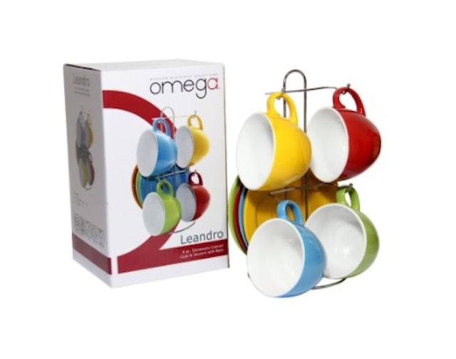 Omega Houseware Colored Ceramic Mug and Saucer Set with a Rack  1
