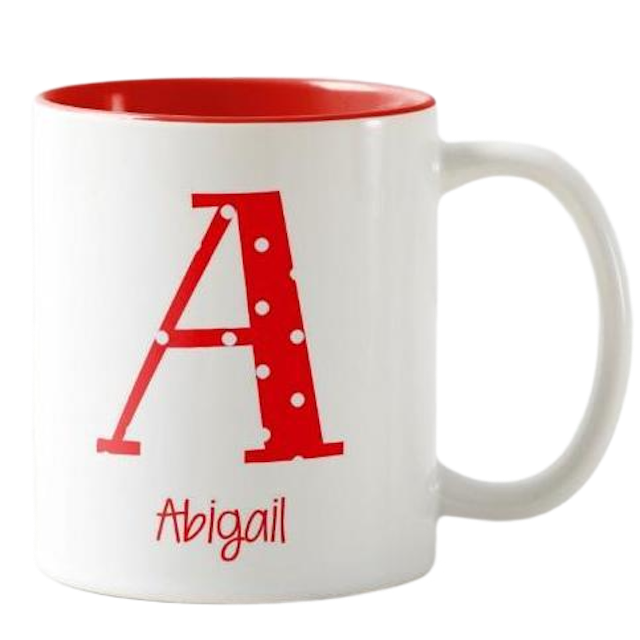 Smugsmugs Alphabet Initial - Polka Dots Red Customized Name Mug 1